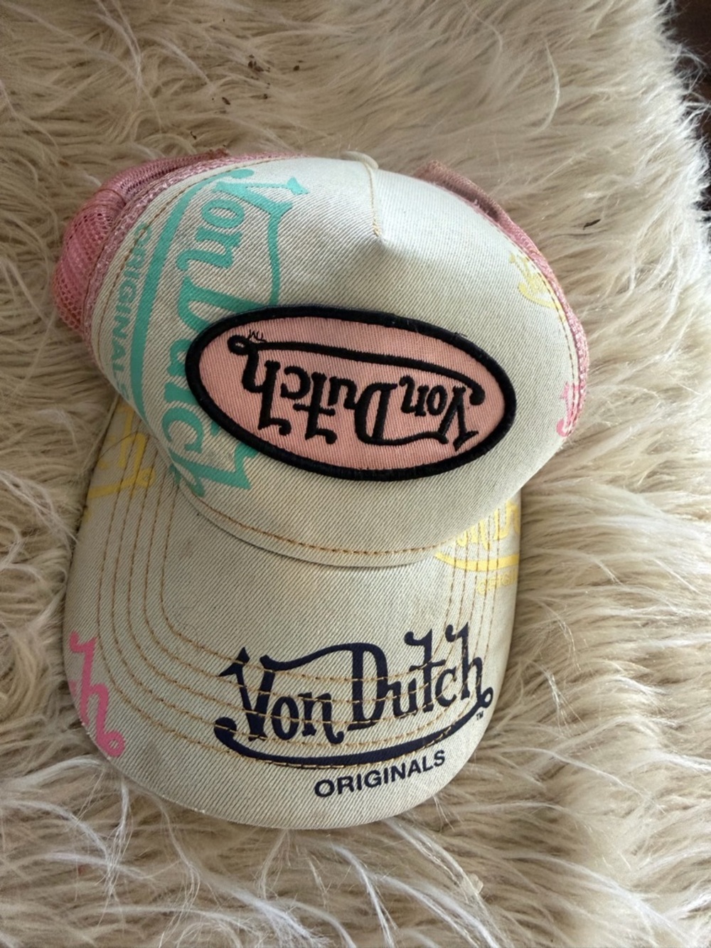 Rare upside down Von Dutch denim Trucker Hat with Pink Mesh & Pastel Accents